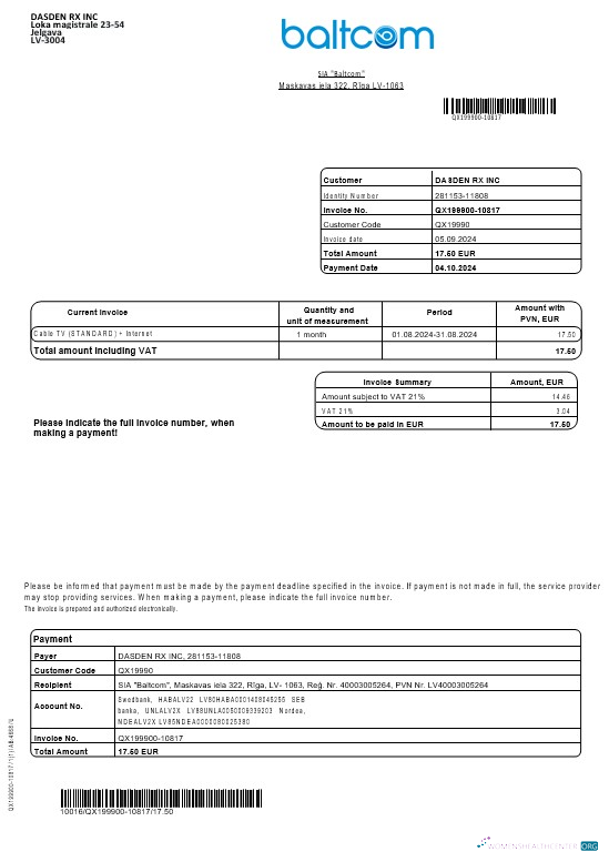 Latvia Baltcom telecommunications business utility bill template in Word and PDF formats (English version)